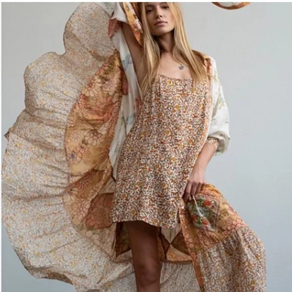 FREE PEOPLE Days Of Ditzies Orange Cream Patchwork Print Maxi Mini Combo Dress S - Picture 3 of 14